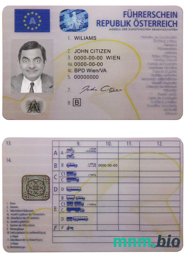Austria prawo jazdy szablon w formacie PSD, ze wszystkimi czcionkami
